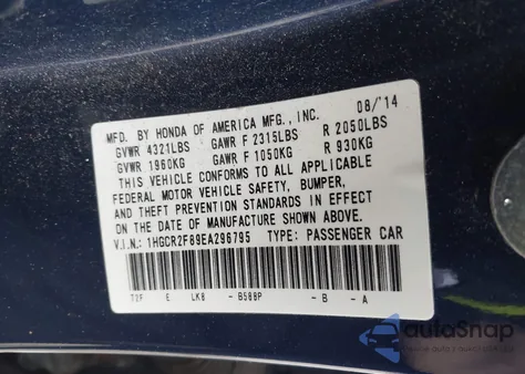 2014 Honda Accord Ex-L из США, поврежденный, VIN 1HGCR2F89EA296795